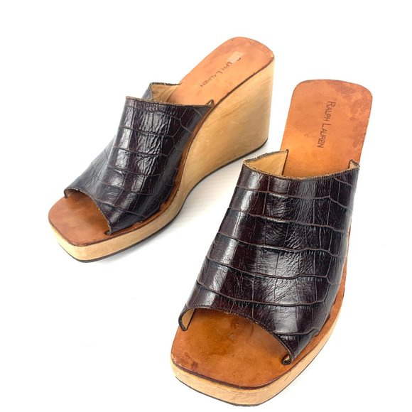 RALPH LAUREN Brown Embossed Leather Wooden Wedge Slip On‎ Sandals - Picture 9 of 9